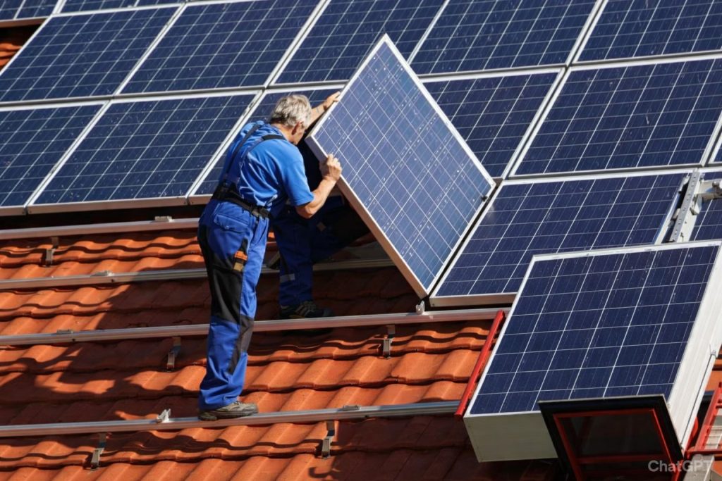 un chico instalando paneles solares